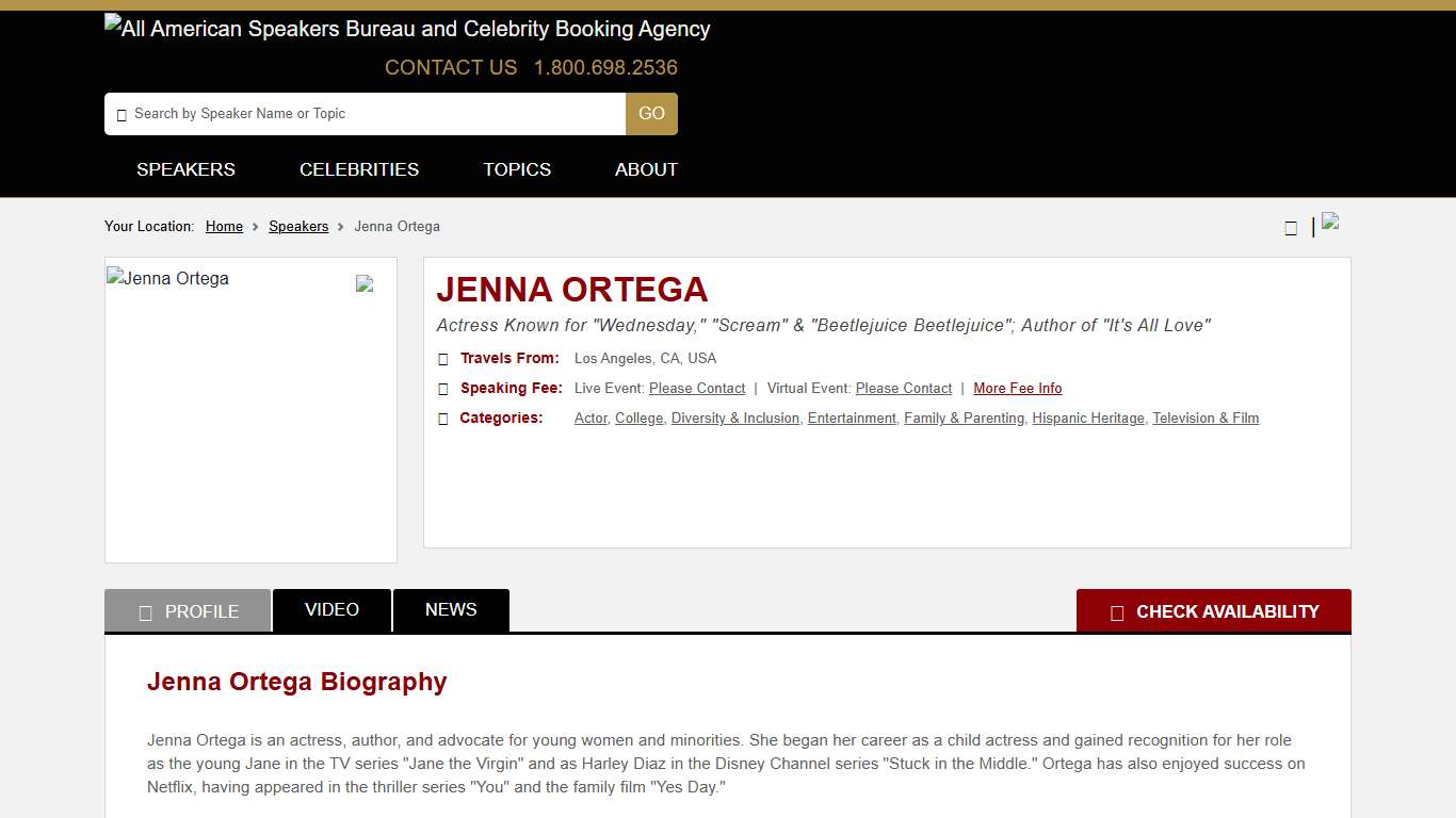 Jenna Ortega Speaking Fee Booking Agent